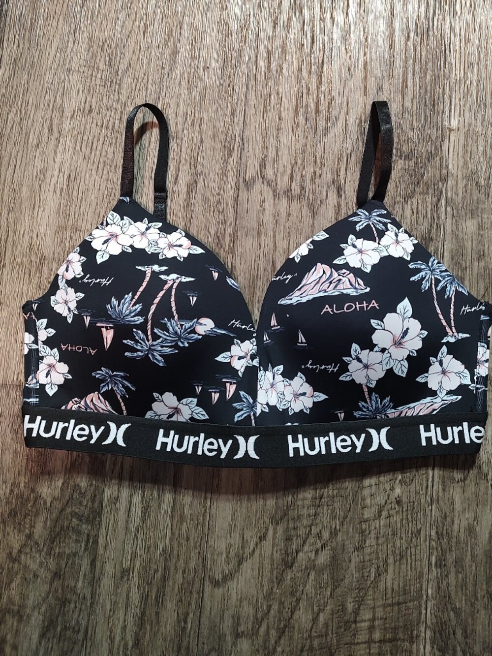 Hurley Black Floral Aloha Bralette with Branded Elastic Size 38c